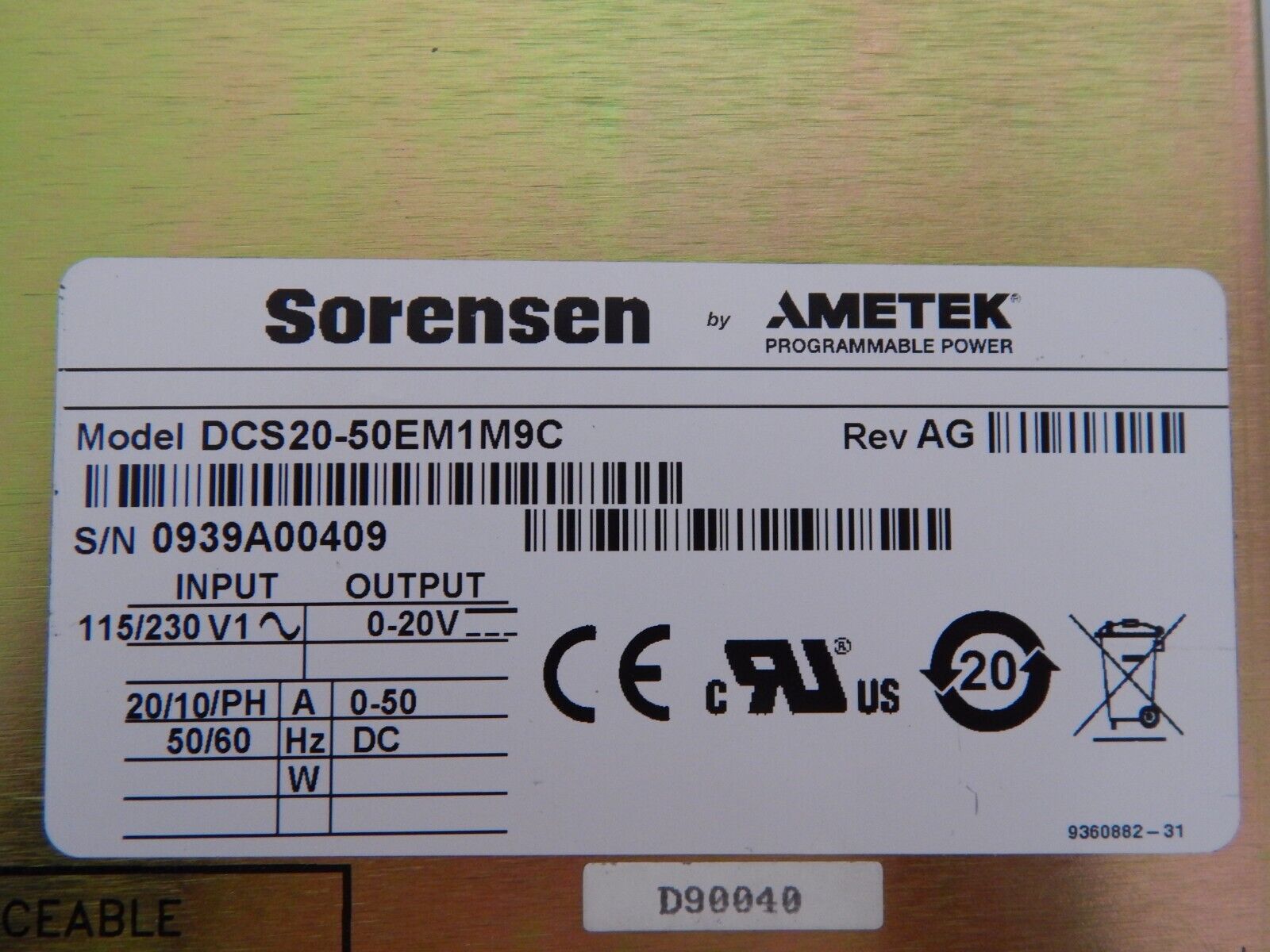 SORENSEN DCS20-50E M9C (GPIB) DC Power Supply (2 in stock) SORENSEN DCS20-50E M9C (GPIB) DC Power Supply (2 in stock)